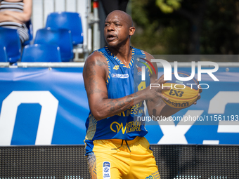 Michael Hicks participates in the LOTTO 3x3 League basketball game in Sosnowiec, Poland, on September 8, 2024. Lotto 3x3 Liga tournament mat...