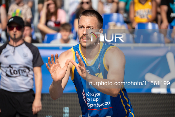 Grzegorz Kaminski participates in the LOTTO 3x3 League basketball game in Sosnowiec, Poland, on September 8, 2024. The Lotto 3x3 Liga tourna...