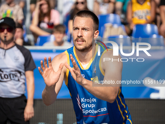 Grzegorz Kaminski participates in the LOTTO 3x3 League basketball game in Sosnowiec, Poland, on September 8, 2024. The Lotto 3x3 Liga tourna...