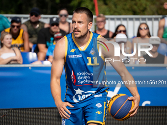 Grzegorz Kaminski participates in the LOTTO 3x3 League basketball game in Sosnowiec, Poland, on September 8, 2024. The Lotto 3x3 Liga tourna...