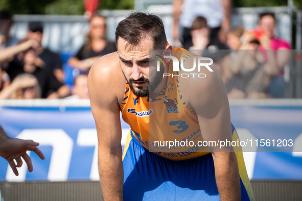 Piotr Karpacz participates in the LOTTO 3x3 League basketball game in Sosnowiec, Poland, on September 8, 2024. The Lotto 3x3 Liga tournament...