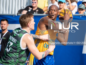 Michael Hicks participates in the LOTTO 3x3 League basketball game in Sosnowiec, Poland, on September 8, 2024. The Lotto 3x3 Liga tournament...