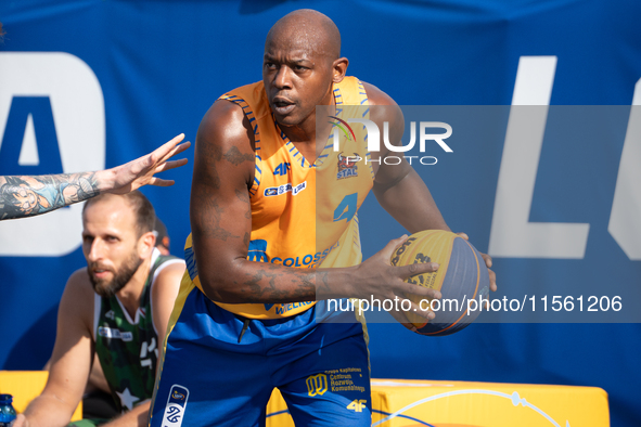 Michael Hicks participates in the LOTTO 3x3 League basketball game in Sosnowiec, Poland, on September 8, 2024. The Lotto 3x3 Liga tournament...