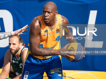 Michael Hicks participates in the LOTTO 3x3 League basketball game in Sosnowiec, Poland, on September 8, 2024. The Lotto 3x3 Liga tournament...