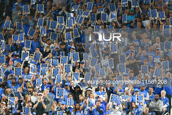 DETROIT,MICHIGAN-SEPTEMBER 8:  Fans hold signs for a third down in the stands during a game between the Detroit Lions and the Los Angeles Ra...