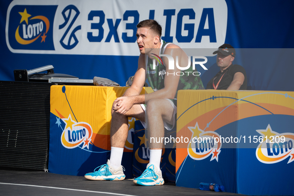 Krystian Kozluk participates in the LOTTO 3x3 League basketball game in Sosnowiec, Poland, on September 8, 2024. The Lotto 3x3 Liga tourname...