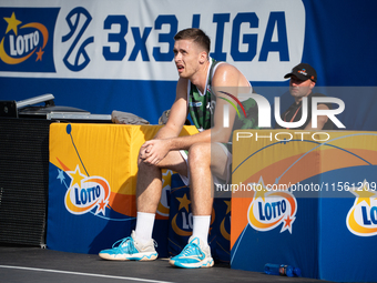 Krystian Kozluk participates in the LOTTO 3x3 League basketball game in Sosnowiec, Poland, on September 8, 2024. The Lotto 3x3 Liga tourname...