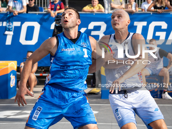 Wojciech Leszczynski and Wojciech Bernasiak participate in the LOTTO 3x3 League basketball game in Sosnowiec, Poland, on September 8, 2024....