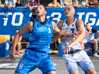 Wojciech Leszczynski and Wojciech Bernasiak participate in the LOTTO 3x3 League basketball game in Sosnowiec, Poland, on September 8, 2024....