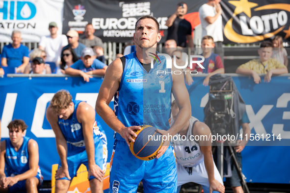 Wojciech Leszczynski participates in the LOTTO 3x3 League basketball game in Sosnowiec, Poland, on September 8, 2024. The Lotto 3x3 Liga tou...