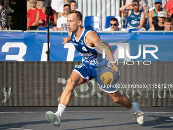 Damian Durski participates in the LOTTO 3x3 League basketball game in Sosnowiec, Poland, on September 8, 2024. The Lotto 3x3 Liga tournament...