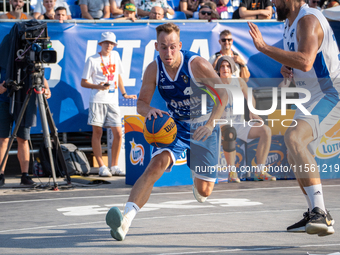 Damian Durski participates in the LOTTO 3x3 League basketball game in Sosnowiec, Poland, on September 8, 2024. The Lotto 3x3 Liga tournament...