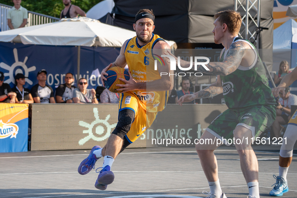 Wiktor Sewiol participates in the LOTTO 3x3 League basketball game in Sosnowiec, Poland, on September 8, 2024. The Lotto 3x3 Liga tournament...