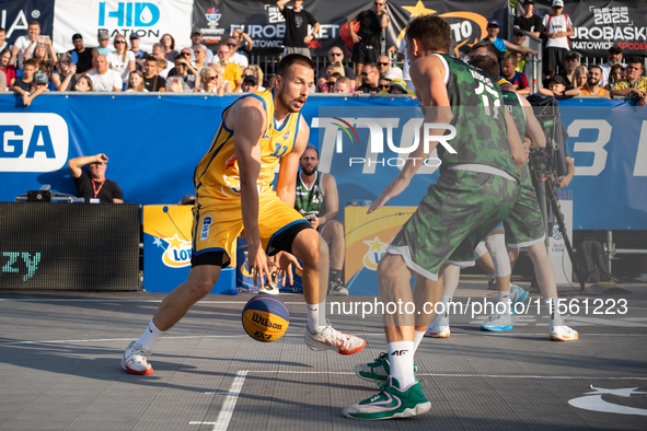 Grzegorz Kaminski participates in the LOTTO 3x3 League basketball game in Sosnowiec, Poland, on September 8, 2024. The Lotto 3x3 Liga tourna...