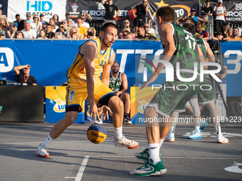 Grzegorz Kaminski participates in the LOTTO 3x3 League basketball game in Sosnowiec, Poland, on September 8, 2024. The Lotto 3x3 Liga tourna...