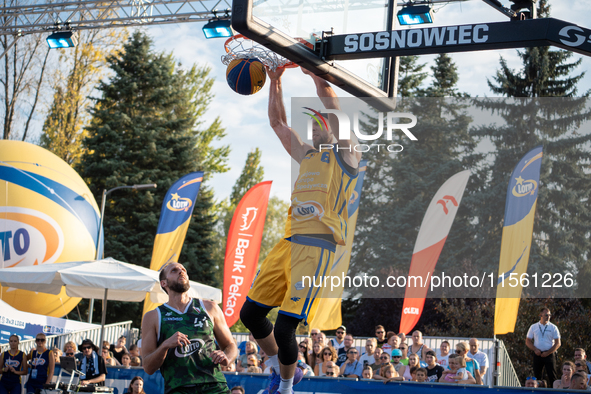 Wiktor Sewiol participates in the LOTTO 3x3 League basketball game in Sosnowiec, Poland, on September 8, 2024. The Lotto 3x3 Liga tournament...