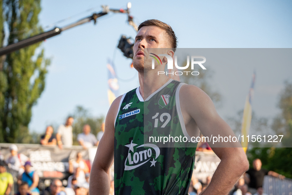 Krystian Kozluk participates in the LOTTO 3x3 League basketball game in Sosnowiec, Poland, on September 8, 2024. The Lotto 3x3 Liga tourname...