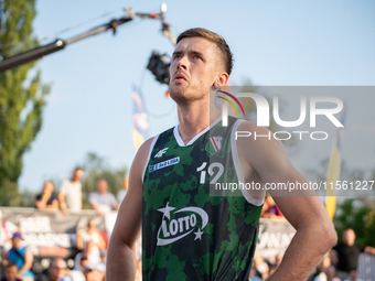 Krystian Kozluk participates in the LOTTO 3x3 League basketball game in Sosnowiec, Poland, on September 8, 2024. The Lotto 3x3 Liga tourname...