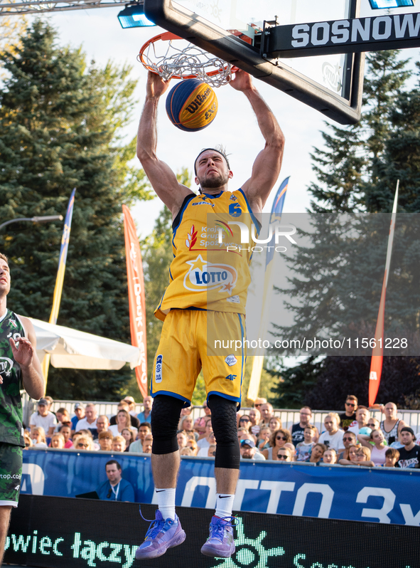 Wiktor Sewiol participates in the LOTTO 3x3 League basketball game in Sosnowiec, Poland, on September 8, 2024. The Lotto 3x3 Liga tournament...