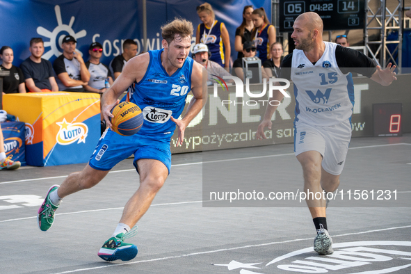 Maksymilian Szefler and Marcin Zarzeczny participate in the LOTTO 3x3 League basketball game in Sosnowiec, Poland, on September 8, 2024. The...