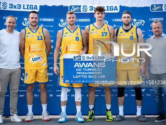 Krajowa Grupa Spozywcza Arka Gdynia players after advancing to the final basketball tournament of LOTTO 3x3 League in Sosnowiec, Poland, on...