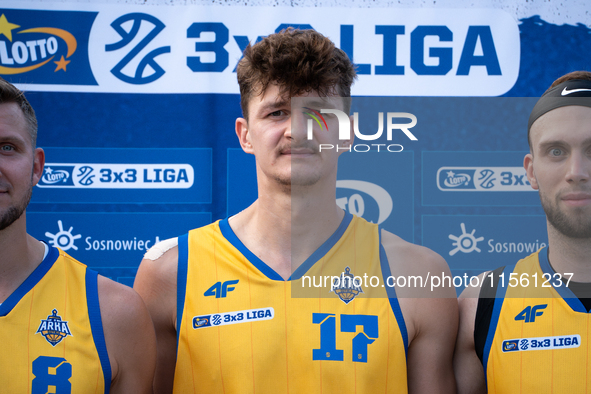 Mateusz Stawiak of the Krajowa Grupa Spozywcza Arka Gdynia team participates in the LOTTO 3x3 League basketball tournament in Sosnowiec, Pol...