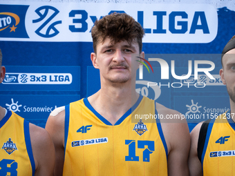 Mateusz Stawiak of the Krajowa Grupa Spozywcza Arka Gdynia team participates in the LOTTO 3x3 League basketball tournament in Sosnowiec, Pol...