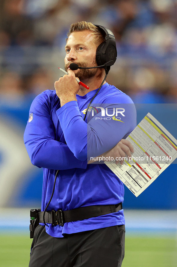 DETROIT,MICHIGAN-SEPTEMBER 8:  Los 
Angeles Rams head coach Sean McVay looks on from the sidelines during a game between the Detroit Lions a...