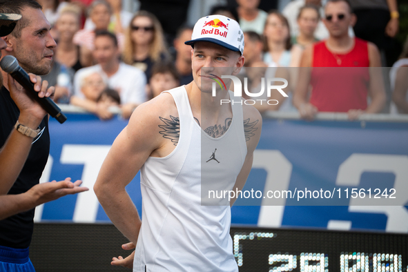 Polish dunker Piotr GRABO Grabowski attends the LOTTO 3x3 League basketball tournament in Sosnowiec, Poland, on September 8, 2024. 