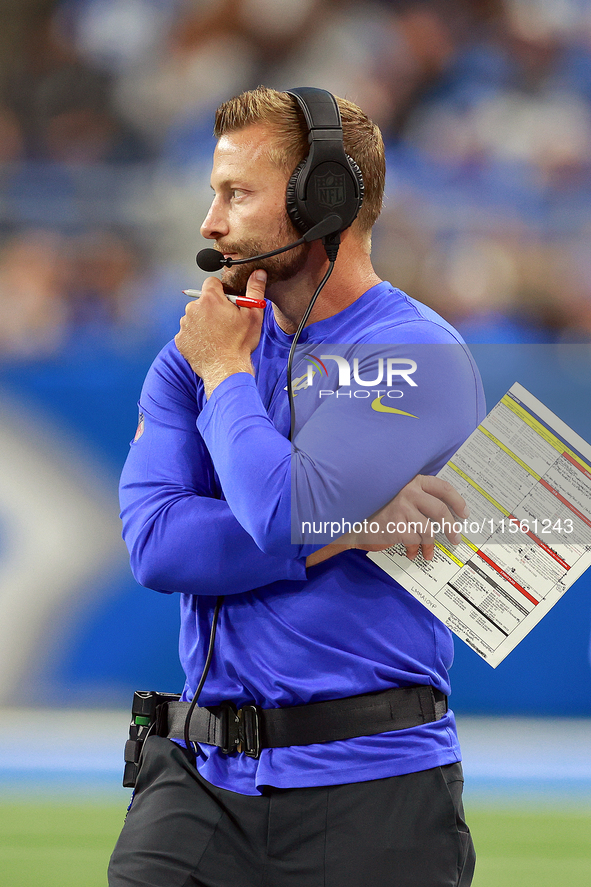 DETROIT,MICHIGAN-SEPTEMBER 8:  Los 
Angeles Rams head coach Sean McVay looks on from the sidelines during a game between the Detroit Lions a...