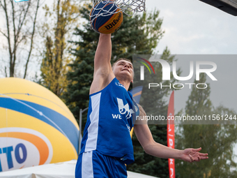 Kacper Ponitka participates in the LOTTO 3x3 League basketball game in Sosnowiec, Poland, on September 8, 2024. The Lotto 3x3 Liga tournamen...