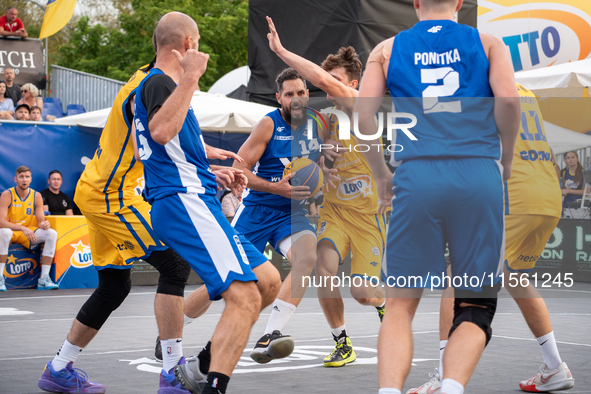 Pawel Pawlowski participates in the LOTTO 3x3 League basketball game in Sosnowiec, Poland, on September 8, 2024. The Lotto 3x3 Liga tourname...