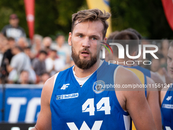 Szymon Rduch participates in the LOTTO 3x3 League basketball game in Sosnowiec, Poland, on September 8, 2024. The Lotto 3x3 Liga tournament...