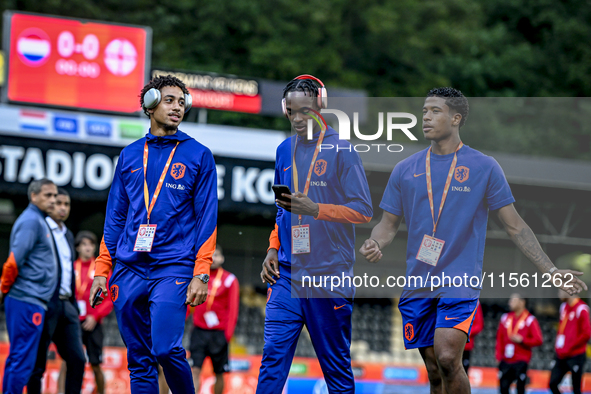 Netherlands players Tyrese Asante, Emmanuel Emegha, and Ryan Flamingo during the match between the Netherlands and Georgia at the Covebo Sta...