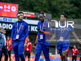 Netherlands players Tyrese Asante, Emmanuel Emegha, and Ryan Flamingo during the match between the Netherlands and Georgia at the Covebo Sta...