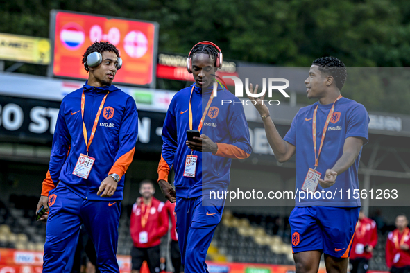 Netherlands players Tyrese Asante, Emmanuel Emegha, and Ryan Flamingo during the match between the Netherlands and Georgia at the Covebo Sta...