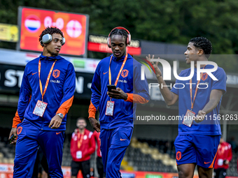 Netherlands players Tyrese Asante, Emmanuel Emegha, and Ryan Flamingo during the match between the Netherlands and Georgia at the Covebo Sta...