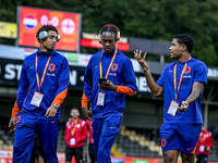 Netherlands players Tyrese Asante, Emmanuel Emegha, and Ryan Flamingo during the match between the Netherlands and Georgia at the Covebo Sta...