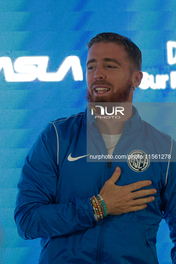 Iker Muniain gestures as he is unveiled at Estadio Pedro Bidegain in Buenos Aires, Argentina, on September 9, 2024. 