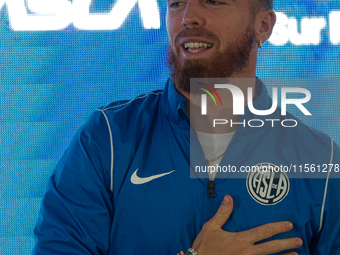 Iker Muniain gestures as he is unveiled at Estadio Pedro Bidegain in Buenos Aires, Argentina, on September 9, 2024. (