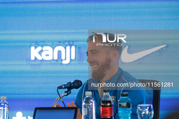 Iker Muniain gestures as he is unveiled at Estadio Pedro Bidegain in Buenos Aires, Argentina, on September 9, 2024. 