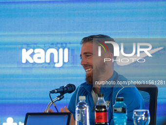 Iker Muniain gestures as he is unveiled at Estadio Pedro Bidegain in Buenos Aires, Argentina, on September 9, 2024. (