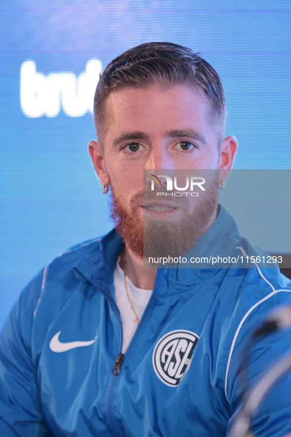 In Buenos Aires, Argentina, on September 9, 2024, Spanish footballer Iker Muniain speaks at a press conference after practicing with the San...