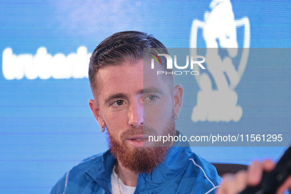 In Buenos Aires, Argentina, on September 9, 2024, Spanish footballer Iker Muniain speaks at a press conference after practicing with the San...