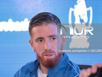 In Buenos Aires, Argentina, on September 9, 2024, Spanish footballer Iker Muniain speaks at a press conference after practicing with the San...