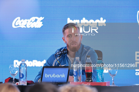 In Buenos Aires, Argentina, on September 9, 2024, Spanish footballer Iker Muniain speaks at a press conference after practicing with the San...