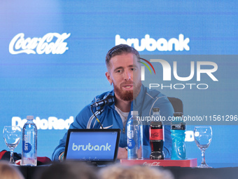 In Buenos Aires, Argentina, on September 9, 2024, Spanish footballer Iker Muniain speaks at a press conference after practicing with the San...