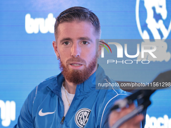 In Buenos Aires, Argentina, on September 9, 2024, Spanish footballer Iker Muniain speaks at a press conference after practicing with the San...