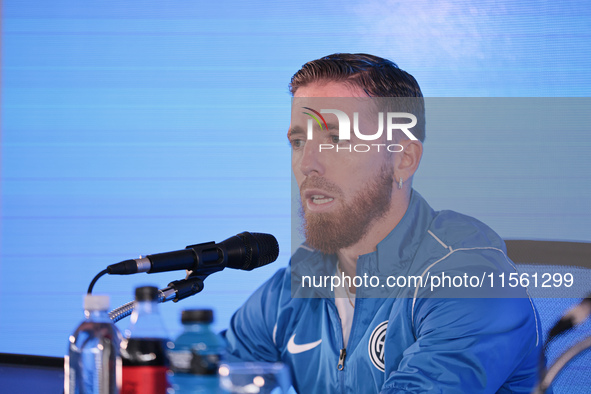 In Buenos Aires, Argentina, on September 9, 2024, Spanish footballer Iker Muniain speaks at a press conference after practicing with the San...