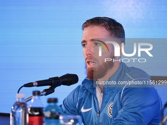 In Buenos Aires, Argentina, on September 9, 2024, Spanish footballer Iker Muniain speaks at a press conference after practicing with the San...